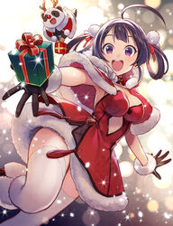  ahoge argyle_cutout armpits azur_lane black_gloves boots box breasts capelet christmas clothing_cutout commentary_request cutout_above_navel dress fake_antlers female fur-trimmed_capelet fur-trimmed_gloves fur_boots fur_trim gift gift_box gloves hair_bobbles hair_ornament hair_rings hairband highres knee_boots large_breasts long_hair looking_at_viewer ning_hai_(azur_lane) open_mouth panda purple_eyes purple_hair red_capelet red_dress red_footwear santa_boots santa_costume santa_dress smile solo strapless strapless_dress thighhighs white_hairband white_thighhighs yuko_(uc_yuk) 