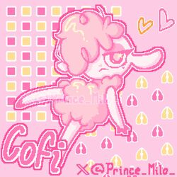  1:1 anthro bovid caprine chikn_nuggit cofi_(chikn_nuggit) digital_media_(artwork) domestic_sheep english_text female fur hair hi_res mammal nude one_eye_obstructed pink_hair pink_theme pixel_(artwork) prince_milo sheep simple_background solo text 