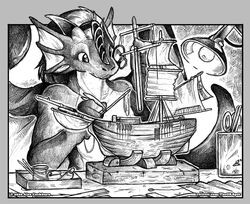  2020 anthro boat clothed clothing dragon male monochrome mythological_creature mythological_scalie mythology o-kemono pillarbox scalie solo topless vehicle watercraft wings 