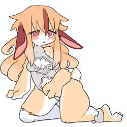  1:1 2021 anthro bangs blush breasts brown_ears brown_highlights clothed clothing countershade_arms countershade_face countershade_feet countershade_legs countershade_tail countershade_torso countershading digital_media_(artwork) feet female female_anthro fur hair highlights_(coloring) kemono kneeling lagomorph leporid mammal orange_hair pink_eyes pizademokttero rabbit scut_tail short_tail simple_background solo tail tan_body tan_clothing tan_fur white_background white_body white_countershading white_fur 