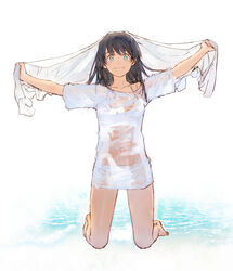  arms_up barefoot bikini bikini_under_clothes black_hair blue_eyes breasts commentary_request covered_navel female full_body highres kneeling long_hair looking_at_viewer no_pants original p!k@ru shirt short_sleeves smile solo swimsuit t-shirt towel water wet wet_clothes wet_shirt white_bikini white_shirt 