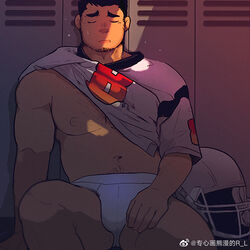  1boy american_football_helmet american_football_uniform bad_id bad_weibo_id bara bare_pectorals beard black_hair briefs bulge chest_hair clothes_lift facial_hair feet_out_of_frame helmet large_pectorals locker locker_room long_sideburns male_focus male_underwear muscular muscular_male nipples no_pants original pectorals r.l_(2089184064) shirt_lift short_hair sideburns sigh sitting solo sportswear stomach sweat thick_eyebrows thighs underwear white_male_underwear 