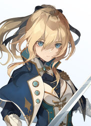  black_bow blonde_hair blue_eyes bow coat commentary english_commentary eyelashes eyes_visible_through_hair female genshin_impact hair_between_eyes hair_ornament hairbow highres jean_(genshin_impact) jean_(gunnhildr&#039;s_legacy)_(genshin_impact) knight long_hair looking_at_viewer official_alternate_costume ponytail solo someaka sword weapon white_background 