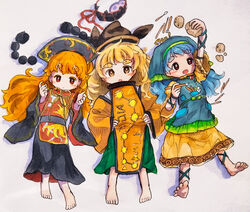  3girls absurdres animal_print apron arm_ribbon arm_up bad_id bad_twitter_id barefoot belt bird_print black_dress blonde_hair blue_apron blue_hair blue_ribbon blush bow bowtie brown_eyes brown_headwear brush cape chinese_clothes closed_mouth commentary_request constellation constellation_print crescent detached_sleeves dress drum frills green_belt green_bow green_headwear green_scarf green_skirt grey_background grey_belt grey_headwear hands_on_own_hips hands_up haniwa_(statue) haniyasushin_keiki hat head_scarf highres instrument jewelry junko_(touhou) leg_ribbon long_hair long_sleeves looking_at_viewer looking_to_the_side looking_up lying magatama magatama_necklace matara_okina medium_hair multiple_girls necklace on_back open_mouth orange_cape orange_hair phoenix_crown phoenix_print pocket pom_pom_(clothes) puffy_short_sleeves puffy_sleeves red_eyes red_vest ribbon scarf shadow shirt short_sleeves simple_background skirt smile stok33 tabard touhou translation_request tsuzumi vest wavy_hair white_shirt wide_sleeves yellow_bow yellow_bowtie yellow_dress 