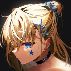  black_background black_choker blonde_hair blue_eyes choker close-up closed_mouth commentary_request facial_mark female hair_ornament looking_at_viewer morros original partial_commentary pointy_nose scrunchie shadow simple_background slit_pupils solo star_(symbol) x_hair_ornament 