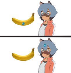  absurd_res anthro banana blue_hair blush brand_new_animal brown_body brown_fur canid canine chiquita_(brand) clothed clothing digital_media_(artwork) female food fruit fruit_sticker fur hair hi_res humor keccubus looking_at_viewer mammal michiru_kagemori plant question_mark raccoon_dog simple_background smile smiling_at_viewer solo sticker stickers_on_face studio_trigger tanuki white_background 