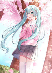  :d absurdres blue_eyes blue_hair blush cardigan cherry_blossoms collared_shirt commentary cowboy_shot crying crying_with_eyes_open female floating_hair grey_skirt hair_between_eyes hair_ornament hair_ribbon hairclip happy_tears hatsune_miku highres long_hair miniskirt nei_(aduma1120ponpon) open_mouth outdoors own_hands_together pink_cardigan pink_ribbon pleated_skirt ribbon school_uniform shirt skirt smile solo sparkle spring_(season) standing tears thighhighs twintails very_long_hair vocaloid white_shirt white_thighhighs wing_collar x_hair_ornament 