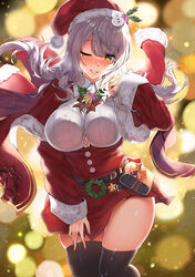  ;d bell belt belt_buckle black_thighhighs blonde_hair blurry blush bobblehat bokeh bow bowtie breasts brown_hair buckle button_gap closed_mouth collared_shirt depth_of_field female fur-trimmed_headwear fur-trimmed_sleeves fur_trim grey_hair hair_ornament hand_up hat high-waist_skirt highres holly_hair_ornament kawai_(purplrpouni) large_breasts long_sleeves looking_at_viewer miniskirt nose_blush one_eye_closed open_mouth original pouch red_bow red_bowtie red_hat red_skirt santa_costume santa_hat shirt skirt smile snowman_hair_ornament solo sparkle thighhighs thighs underbust white_shirt wreath zettai_ryouiki 