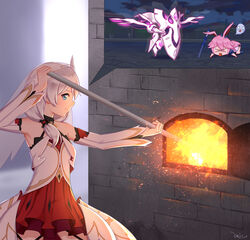  absurdres animal_ears armpits bare_shoulders blacksmith blue_eyes closed_mouth dress female fire fox_ears furnace glowing_hot hair_between_eyes highres holding honkai_(series) honkai_impact_3rd katana long_hair looking_at_viewer looking_to_the_side nun peel_(tool) pink_hair qian_yi side_ponytail smile speech_bubble sword theresa_apocalypse theresa_apocalypse_(celestial_hymn) tongue tongue_out weapon welding white_dress white_hair white_sleeves x_x yae_sakura yae_sakura_(goushinnso_memento) 