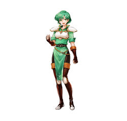  absurdres armor belt boots breastplate clenched_hand commentary_request dress elbow_gloves female fingerless_gloves fire_emblem fire_emblem:_thracia_776 fire_emblem_heroes full_body gloves gold_trim green_dress green_eyes green_hair hand_up highres karin_(fire_emblem) knee_pads looking_at_viewer official_art open_mouth pantyhose shiny_clothes short_dress short_hair short_sleeves shoulder_armor simple_background smile solo thigh_boots thighhighs uroko_(mnr) white_armor white_background 