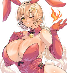  animal_ears bare_shoulders bell blonde_hair blush breasts cleavage elbow_gloves fake_animal_ears female fire gloves grin hair_ornament heart heart_hair_ornament highleg highleg_leotard highres jingle_bell large_breasts leotard long_hair looking_at_viewer nijisanji nui_sociere one_eye_closed playboy_bunny rabbit_ears rabbit_tail red_gloves red_leotard smile solo tail virtual_youtuber wakura_(gcdan) yellow_eyes 