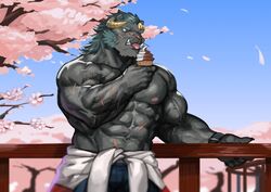  5_fingers abs absurd_res anthro biceps big_muscles black_body black_fur blue_bottomwear blue_clothing blue_hair blue_pants blue_sky bottomwear cherry_blossom claws clothed clothing clothing_around_waist dessert eating fangs felid fingers flower food fur hair hi_res holding_food holding_object ice_cream krampus_(tas) lifewonders male mammal melanistic muscular muscular_anthro muscular_male nipples pantherine pants pecs petals pink_nipples plant prunus_(flower) railing sky solo teeth tokyo_afterschool_summoners tongue tongue_out topless traver009 tree vein veiny_muscles whiskers 