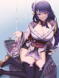  absurdres blunt_bangs breasts bridal_gauntlets cleavage closed_mouth detached_collar female genshin_impact geta hair_ornament highres japanese_clothes kimono korean_commentary large_breasts light_smile long_braid long_hair looking_at_viewer mole mole_under_eye neck_ribbon obi pharamacom purple_eyes purple_hair purple_kimono raiden_shogun ribbon sash sitting soaking_hands solo thighhighs thighs very_long_hair water wet yokozuwari 