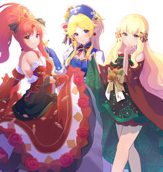  3girls akino_(christmas)_(princess_connect!) akino_(princess_connect!) bare_shoulders bead_necklace beads blonde_hair blue_dress blue_eyes blue_gloves blunt_bangs blush bow breasts christmas cocktail_glass cup detached_sleeves dress drinking_glass earrings elf feet_out_of_frame floral_print flower flower_ornament gloves green_dress grin hair_up hairbow hand_on_own_chest hand_on_own_chin headpiece highres holding holding_cup jewelry large_breasts long_hair looking_at_viewer medium_breasts multiple_girls necklace parted_bangs pointy_ears ponytail princess_connect! puffy_detached_sleeves puffy_sleeves purple_eyes red_dress red_gloves red_hair saren_(christmas)_(princess_connect!) saren_(princess_connect!) shawl shimon_(31426784) sidelocks simple_background skirt_hold smile star_ornament strapless strapless_dress thighs tiara white_background wide_sleeves yukari_(christmas)_(princess_connect!) yukari_(princess_connect!) 