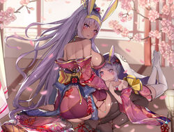  2girls absurdres aged_down animal_ears ass back bare_shoulders blush braid breasts brown_thighhighs cherry_blossoms dark-skinned_female dark_skin dual_persona earrings egyptian facepaint facial_mark fate/grand_order fate_(series) floral_print french_braid hair_tubes headband high_ponytail highres hoop_earrings jackal_ears japanese_clothes jewelry kimono large_breasts long_hair long_sleeves looking_at_viewer looking_back md5_mismatch multiple_girls nitocris_(fate) obi off_shoulder open_mouth purple_eyes purple_hair purple_kimono sash sherryqq sidelocks thighhighs thighs white_thighhighs wide_sleeves 