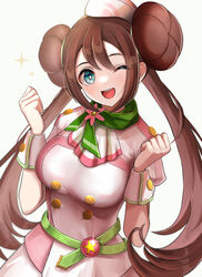  ;d ascot blue_eyes breasts brown_hair clenched_hands commentary double_bun doughnut_hair_bun female flower green_scarf hair_bun hands_up happy hat large_breasts long_hair looking_at_viewer official_alternate_costume one_eye_closed open_mouth pink_flower pokemon pokemon_masters_ex rosa_(pokemon) rosa_(special_costume)_(pokemon) scarf setta_shu short_sleeves simple_background smile solo sparkle star_(symbol) teeth twintails upper_teeth_only very_long_hair wrist_cuffs 