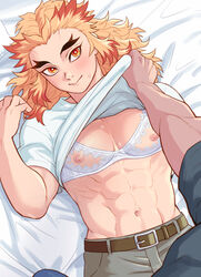  2boys abs belt blonde_hair blush bra clothes_lift crossdressing cupless_bra grey_pants highres kimetsu_no_yaiba lying male_focus marotoskin multicolored_hair multiple_boys muscular muscular_male navel nipples on_back on_bed pants pectorals protected_link rengoku_kyoujurou shirt_lift smile solo_focus stomach sweatdrop thick_eyebrows two-tone_hair underwear white_bra yaoi 