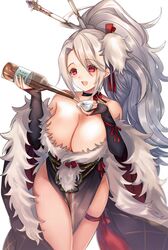  :d azur_lane bad_id bad_pixiv_id bare_shoulders black_choker black_dress black_gloves bottle breasts choker cleavage collarbone cup dress drink elbow_gloves female fingerless_gloves fur-trimmed_dress fur-trimmed_sleeves fur_trim gloves grey_hair hair_between_eyes hair_ornament hair_stick high_ponytail highres holding holding_bottle holding_cup long_sleeves official_alternate_costume open_mouth pelvic_curtain prinz_heinrich_(azur_lane) prinz_heinrich_(fireworks_and_tapestries)_(azur_lane) red_eyes shibaebi_(yasaip_game) simple_background smile solo standing strapless strapless_dress thigh_strap thighs white_background wide_sleeves 