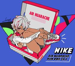  absurdres black_panties breasts dark-skinned_female dark_skin female full_body grey_hair highres long_sleeves nike_(company) original panties personification red_eyes shoes short_hair sideboob sneakers solo tan tanlines tarou2 underwear 