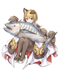  animal animal_ears black_legwear blonde_hair blunt_bangs blush bonito_(granblue_fantasy) braid canine commentary dog_ears eating erune female fish flower geta granblue_fantasy hair_between_eyes hair_flower hair_ornament holding holding_animal holding_fish knees_up medium_hair pantyhose simple_background single_braid vajra_(granblue_fantasy) wataame27 white_background 