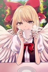  angel_wings blonde_hair bow bowtie brown_vest collared_shirt cup eyelashes feathered_wings female gengetsu_(touhou) hairbow holding holding_cup katayama_kei looking_at_viewer mug open_clothes open_vest outdoors puffy_short_sleeves puffy_sleeves red_bow red_bowtie shirt short_hair short_sleeves table touhou touhou_(pc-98) upper_body vest white_shirt white_wings wings yellow_eyes 