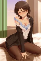  amagami black_jacket black_skirt blue_shirt bonnie_(rsg) breasts brown_eyes brown_hair brown_pantyhose cleavage closed_mouth collarbone dress_shirt female hair_between_eyes jacket kneeling long_sleeves looking_at_viewer medium_breasts miniskirt off_shoulder on_bed open_clothes open_jacket pantyhose pencil_skirt shirt short_hair sitting skirt sleeveless sleeveless_shirt smile solo takahashi_maya teacher white_shirt 