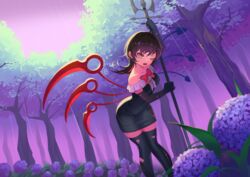  arm_up asymmetrical_wings black_dress black_gloves black_hair black_thighhighs bow bowtie breasts collarbone commission dress elbow_gloves female flower forest gloves highres holding holding_weapon houjuu_nue long_hair medium_breasts nature one_eye_closed open_mouth outdoors pink_sky polearm purple_flower recare red_bow red_bowtie red_eyes short_dress sky solo thighhighs torn_clothes torn_thighhighs touhou trident weapon wide_hips wings 