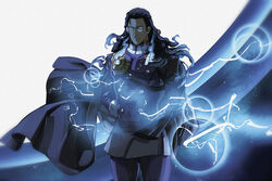  1boy absurdres arms_behind_back black_hair buttons coat coat_on_shoulders double-breasted electricity fate/grand_order fate_(series) highres long_hair male_focus nikola_tesla_(fate) purple_shirt shirt solo viscontiapclyps 