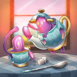  1:1 2021 ambiguous_gender animate_inanimate artist_name blurred_background container cosmoscloverguy cup cutlery detailed_background duo furniture generation_8_pokemon hi_res inside kitchen_utensils nintendo not_furry on_table pokemon pokemon_(species) polteageist purple_body signature sinistea spoon sugar sugar_cube table tea_cup teapot tools yellow_eyes 