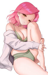  bare_legs barefoot blush bra breasts brown_eyes cardigan cleavage eden_(shiroki_yuutsu) feet female green_bra green_panties grey_cardigan highres knee_up legs long_sleeves looking_at_viewer medium_hair nail_polish open_cardigan open_clothes original panties parted_lips pink_hair purple_nails simple_background solo toenail_polish toenails toes underwear vanilla_(eden_(shiroki_yuutsu)) white_background 