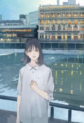  black_hair building buttons collared_dress commentary_request cowboy_shot dress female grey_eyes hand_up kyoto looking_at_viewer medium_hair original outdoors parted_lips railing real_world_location reflection reflective_water river short_sleeves solo standing wamizu white_dress 