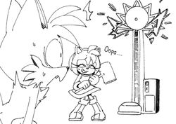  2020 amy_rose anthro black_and_white bodily_fluids boots canid canine closed_eyes clothing dress duo english_text eulipotyphlan female footwear fox gloves grin hammer handwear hedgehog hi_res high_striker holding_object holding_tool kohane01 male mammal monochrome sega shocked smile sonic_the_hedgehog_(series) standing sweat tails text tools 