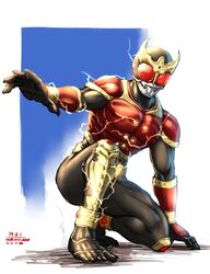  1boy anklet arcle_(kuuga) armor black_bodysuit blue_background bodysuit bug commentary_request highres horns jewelry kamen_rider kamen_rider_kuuga kamen_rider_kuuga_(rising_mighty_form) kamen_rider_kuuga_(series) landing leg_armor lightning male_focus open_hand outside_border red_armor red_eyes stag_beetle taikyokuturugi toes tokusatsu 