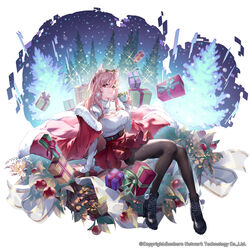  animal_ears belt black_thighhighs bow box breasts cape cat_ears christmas cleavage cleavage_cutout clothing_cutout company_name copyright_notice essual_(layer_world) female full_body fur_trim gift gift_box girls&#039;_frontline girls&#039;_frontline_neural_cloud hairbow highres large_breasts long_hair official_art persicaria_(neural_cloud) pink_hair red_eyes ribbed_sweater skirt solo sweater thighhighs 