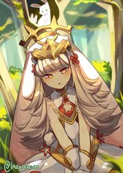  animal_ears commentary dress fake_animal_ears female fire_emblem fire_emblem_heroes flower grey_hair hair_flower hair_ornament long_hair memeh open_mouth rabbit rabbit_ears red_eyes see-through see-through_sleeves solo tree twitter_username veronica_(fire_emblem) veronica_(spring)_(fire_emblem) 