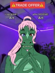  3:4 alligator alligatorid anthro crocodilian digital_media_(artwork) english_text facial_hair green_body hair heterochromia hi_res mistystar pink_hair ponytail reptile scalie smile solo teeth text 