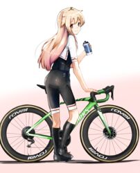  adapted_costume bicycle bike_shorts black_footwear black_ribbon black_shorts black_socks blonde_hair bottle commentary_request cycling_uniform female full_body gradient_background hair_flaps hair_ribbon kantai_collection kazu_(really_in_hot_water_now) kneehighs long_hair looking_at_viewer mountain_bicycle red_eyes ribbon shorts smile socks solo standing two-tone_shirt water_bottle yuudachi_(kancolle) yuudachi_kai_ni_(kancolle) 