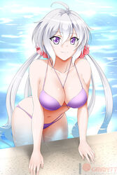  ahoge bangs banned_artist bikini breasts cleavage collarbone eyebrows_visible_through_hair female floating_hair grin hair_between_eyes highres kimmy77 large_breasts leaning_forward long_hair looking_at_viewer multi-strapped_bikini poolside purple_bikini purple_eyes senki_zesshou_symphogear shiny shiny_hair silver_hair smile solo swimsuit twintails very_long_hair watermark yukine_chris 