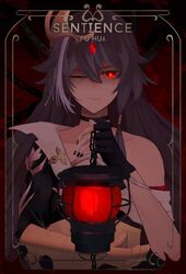  absurdres bare_shoulders black_gloves black_nails chains close-up closed_mouth female fingerless_gloves fu_hua fu_hua_(herrscher_of_sentience) gloves grey_hair hair_between_eyes hair_ornament highres holding honkai_(series) honkai_impact_3rd izukei lantern long_hair looking_at_viewer multicolored_hair one_eye_closed red_eyes second-party_source solo streaked_hair 