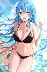  absurdres amyu_(amm_asl_pa) bad_id bad_pixiv_id bikini black_bikini blue_hair blush braid breasts cleavage cowboy_shot day female floating_hair hair_between_eyes half_updo halterneck highres hololive large_breasts long_hair navel ocean open_mouth outdoors pointy_ears see-through side-tie_bikini_bottom side_braid smile solo string_bikini swimsuit towel very_long_hair virtual_youtuber wading water yellow_eyes yukihana_lamy 