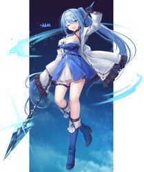  absurdres alyssa_(specktech) bad_id bad_pixiv_id blue_eyes blue_hair boots breasts cleavage commission detached_collar dress female full_body glint gloves hair_between_eyes hairband highres holding holding_polearm holding_weapon jacket knee_boots large_breasts long_hair long_sleeves one_eye_closed open_clothes open_jacket open_mouth original phantasy_star phantasy_star_online_2 polearm ponytail shichigatsu skeb_commission thighs weapon 