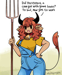  animal_ears bell black_eyes breasts commentary contrapposto cow_ears cow_girl cow_horns cow_tail cowboy_shot english_commentary english_text female freckles hand_on_own_hip highres holding holding_pitchfork horns meme murgoten neck_bell open_mouth original overalls pitchfork shirt short_sleeves small_breasts solid_oval_eyes solo tail too_bad!_it_was_just_me!_(meme) typo yellow_shirt 