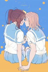  2girls arm_support blonde_hair blue_sailor_collar blue_skirt blush bow brown_hair closed_eyes commentary hairbow head_tilt hibike!_euphonium highres holding_hands imminent_kiss kitauji_high_school_uniform kuziaaizuk long_hair medium_hair multiple_girls nail_polish nakagawa_natsuki parted_lips pleated_skirt ponytail sailor_collar school_uniform serafuku shirt short_sleeves sitting skirt symbol-only_commentary white_shirt yellow_bow yoshikawa_yuuko yuri 