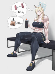  702_96 abs absurdres animal_ear_fluff animal_ears barbell bare_shoulders blonde_hair blue_archive blue_eyes blue_halo bottle breasts commentary commission dog_ears dog_girl female hair_over_one_eye halo highres kanna_(blue_archive) korean_commentary large_breasts muscular muscular_female pixiv_commission shoes sitting sneakers tank_top thick_thighs thighs thought_bubble water_bottle weights 