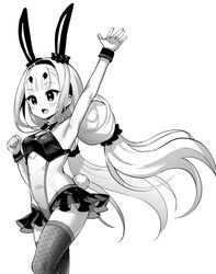  animal_ears arm_up azur_lane blunt_bangs blush breasts fake_animal_ears female fishnet_thighhighs fishnets frilled_leotard frills greyscale hori_(hori_no_su) leotard long_hair looking_away low_twintails monochrome open_mouth rabbit_ears shimakaze_(azur_lane) shimakaze_(world&#039;s_speediest_bunny_waitress)_(azur_lane) simple_background small_breasts smile solo thighhighs twintails white_background 