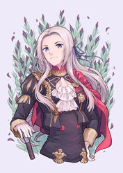  cape closed_mouth commentary dakiarts edelgard_von_hresvelg english_commentary female fire_emblem fire_emblem:_three_houses garreg_mach_monastery_uniform gloves hair_ribbon highres long_hair long_sleeves purple_eyes red_cape ribbon solo uniform upper_body white_gloves white_hair 