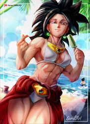  1boy abs absurdres beach bikini black_hair breasts broly_(dragon_ball_z) broly_(dragon_ball_z)_(cosplay) commentary cosplay dragon_ball dragon_ball_super earrings female food highres jewelry kefla_(dragon_ball) large_breasts looking_at_viewer medium_breasts midriff muscular muscular_female navel outdoors popsicle potara_earrings sarulart smile solo_focus spiked_hair swimsuit symbol-only_commentary vegeta 