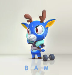  animal_crossing antlers bam_(animal_crossing) blue_body blue_fur bodily_fluids clothing danalynreyes deer dumbbell freckles fur hi_res horn jacket male mammal nintendo orange_eyes smile solo sweat topwear towel weights yellow_inner_ear 