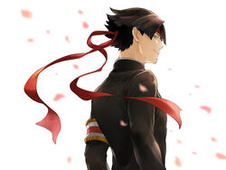  1boy armband black_hair black_jacket closed_mouth falling_petals gyakuten_saiban headband jacket kazuma_asogi long_sleeves looking_at_viewer male_focus mikami petals profile red_headband short_hair sideways_glance simple_background smile solo the_great_ace_attorney the_great_ace_attorney:_adventures upper_body white_background 