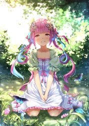  :d alternate_costume artistic_error backlighting barefoot bloom blue_hair bow breasts bug butterfly chahei cleavage collarbone colored_inner_hair day dress female flower full_body grass grin hair_flower hair_ornament hairbow highres hololive large_breasts light_particles long_hair looking_at_viewer minato_aqua multicolored_hair nature open_mouth outdoors pink_eyes pink_hair sidelocks sitting smile soles solo sparkle tree twintails two-tone_hair v_arms virtual_youtuber wariza wrong_foot 